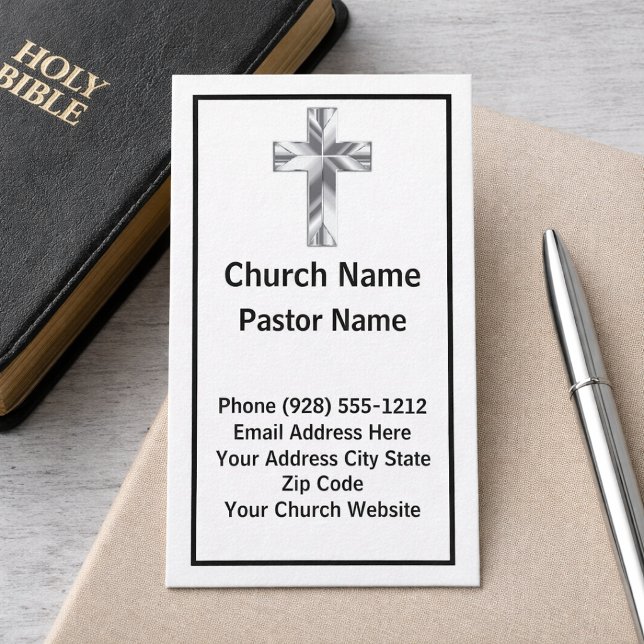 Minimalist Pastor Business Card with Silver Cross (Creator Uploaded)