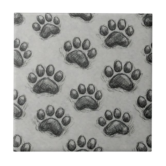 Minimalist Paw Print Sketch Pattern (1) Ceramic Tile (Front)
