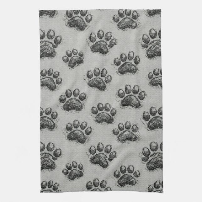 Minimalist Paw Print Sketch Pattern (1) Kitchen Towel (Vertical)