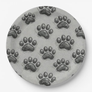 Minimalist Paw Print Sketch Pattern (1) Paper Plates