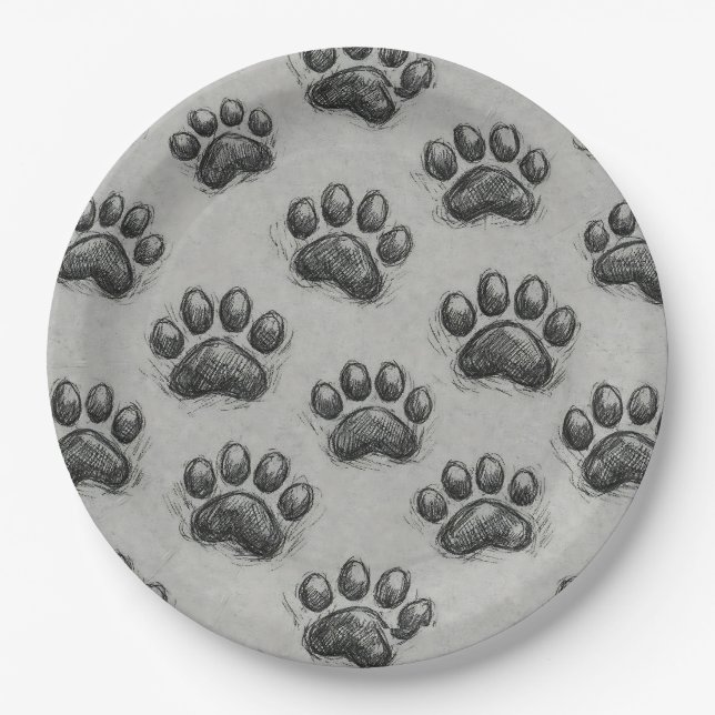 Minimalist Paw Print Sketch Pattern (1) Paper Plates (Front)