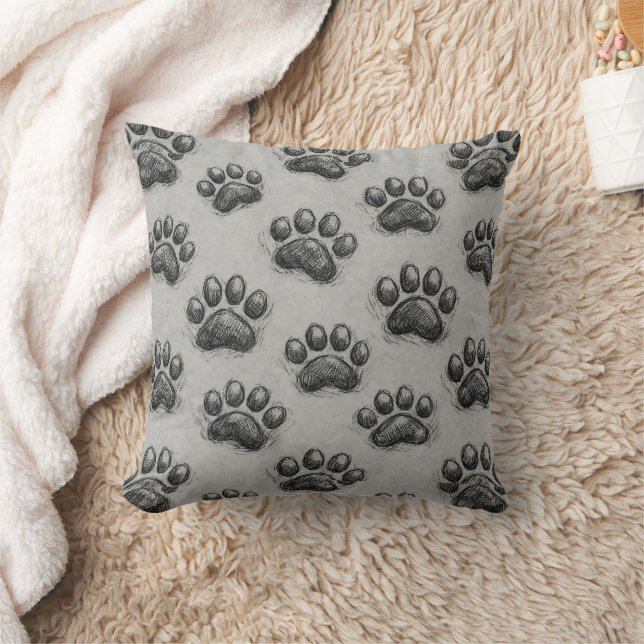 Minimalist Paw Print Sketch Pattern (1) Throw Pillow (Blanket)