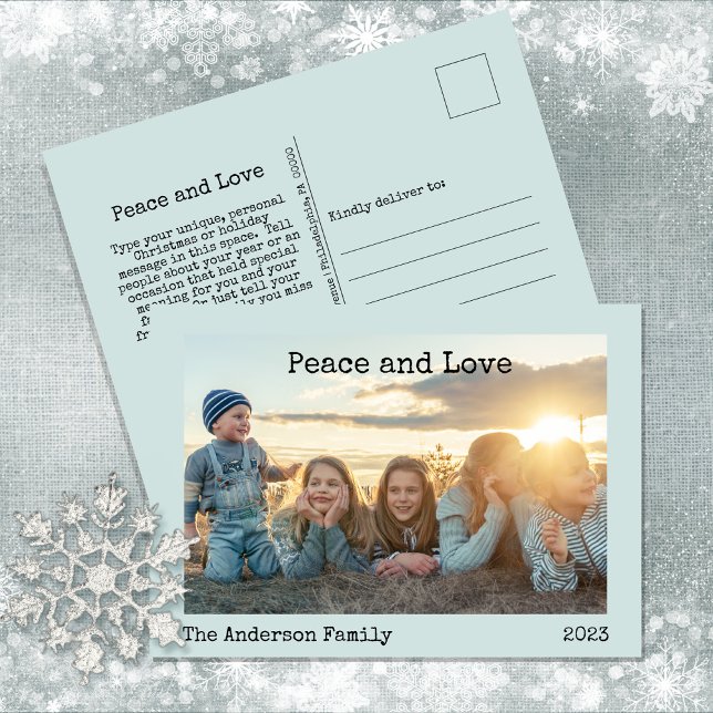 Minimalist Peace and Love 3 Photo Holiday Postcard (Wishing you a holiday season of "Peace and Love" this year!)