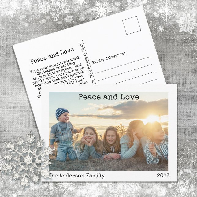Minimalist Peace and Love 3 Photo Holiday Postcard (Wishing you a holiday season of "Peace and Love" this year!)