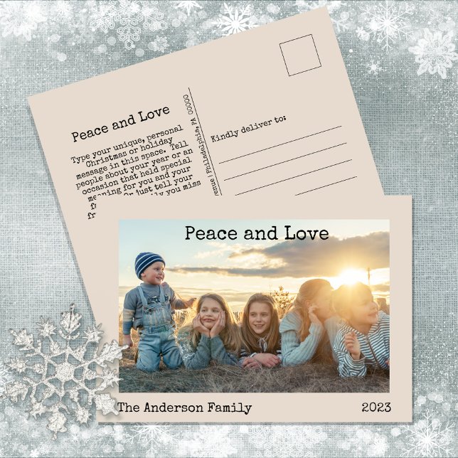 Minimalist Peace and Love 3 Photo Holiday Postcard (Wishing you a holiday season of "Peace and Love" this year!)
