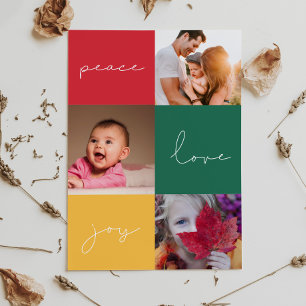 Minimalist Peace Love Joy 3 Photo Collage Holiday Card