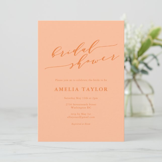 Minimalist Peach Orange Script Bridal Shower Invitation (Standing Front)