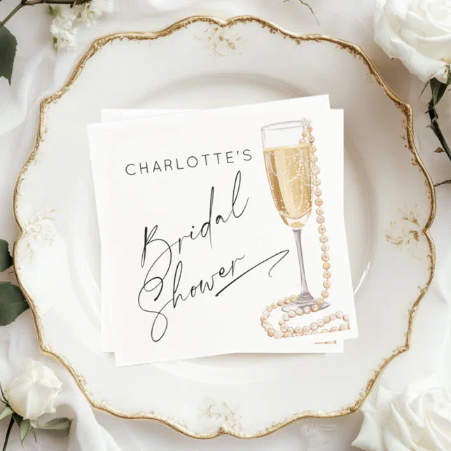 Minimalist Pearls and Prosecco Bridal shower Napkins | Zazzle