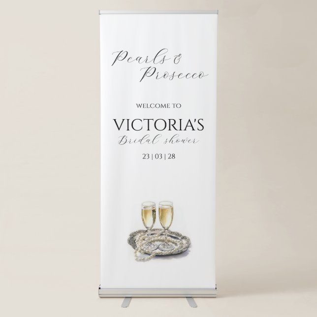Minimalist Pearls and Prosecco Bridal Shower  Retractable Banner (Front)
