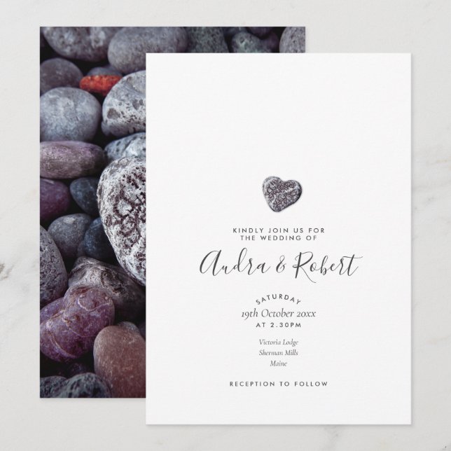 Minimalist Pebble Heart Discovery Photo Wedding Invitation (Front/Back)