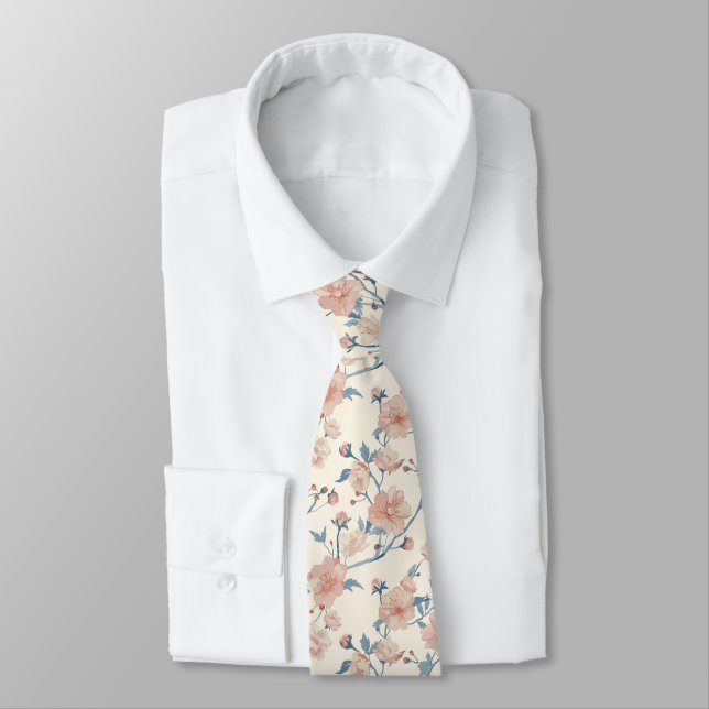 Minimalist Peony and Cherry Blossom Floral Pattern Neck Tie (Tied)