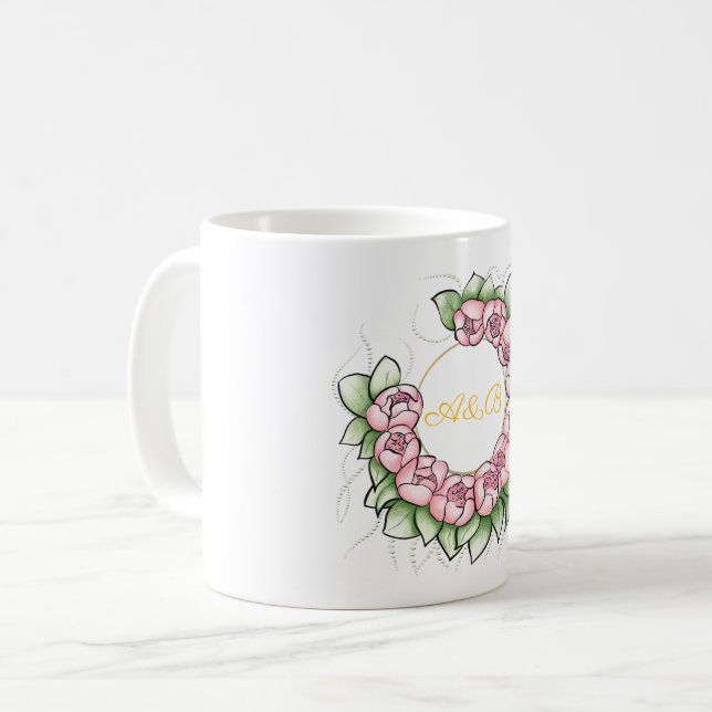 Minimalist Peony Wreath Wedding Mug - Personalized (Front Left)