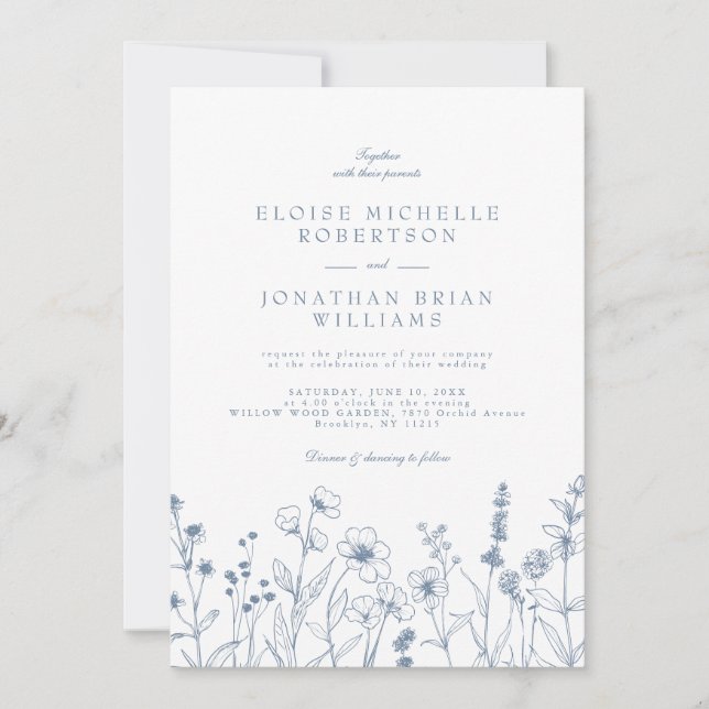 Minimalist Periwinkle Wildflower Details Wedding Invitation (Front)