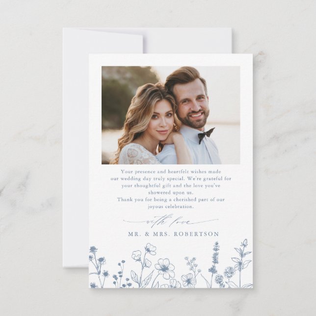 Minimalist Periwinkle Wildflower Photo Wedding  Thank You Card (Back)