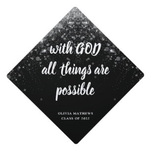 Minimalist Personalize Bible Verse Black Silver Graduation Cap Topper