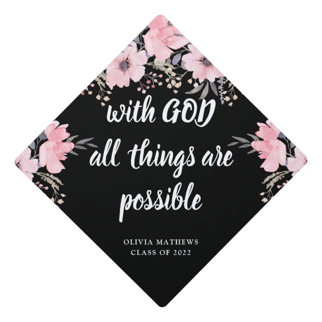 Minimalist Personalize Bible Verse Pink Floral Gra Graduation Cap Topper (Front)