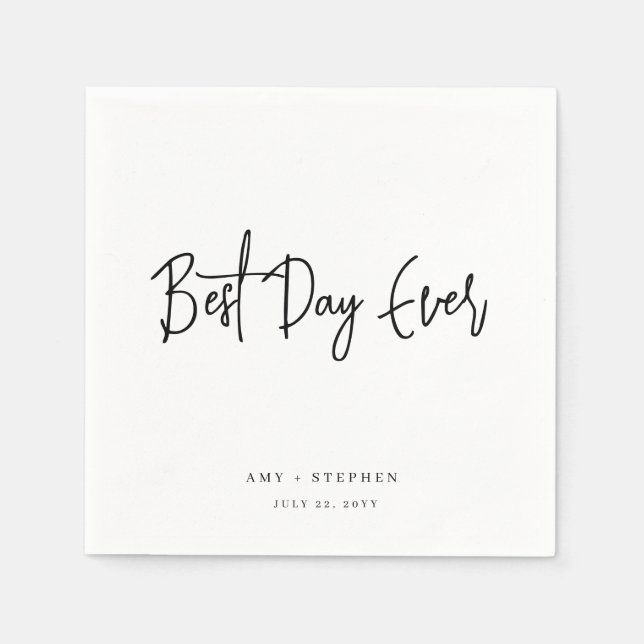 Minimalist Personalized Best Day Ever Wedding Napkins (Front)