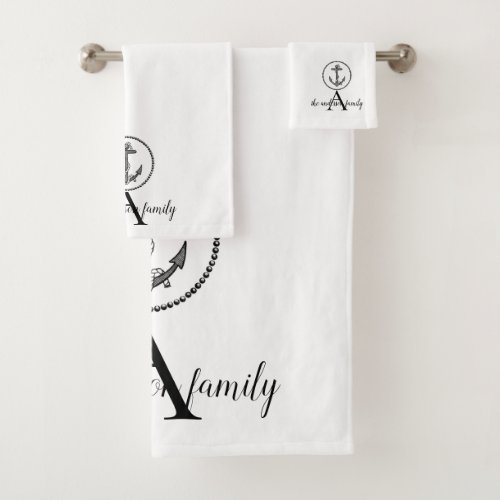 Minimalist Personalized Black Circled Anchor Bath Towel Set