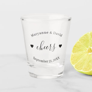 Minimalist Personalized Cheers Wedding Hearts Shot Glass
