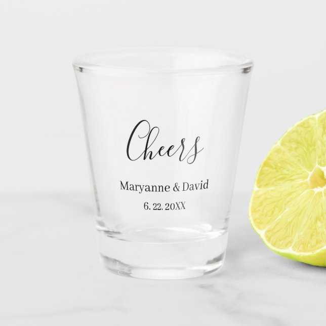 Minimalist Personalized Cheers  Wedding Shot Glass (Front)