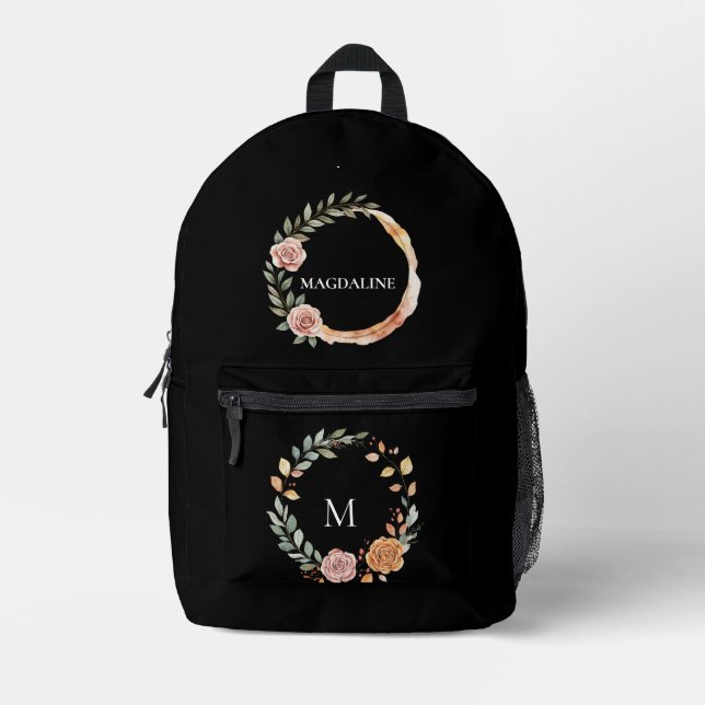 Minimalist Personalized Floral Monogram Printed Backpack (Front)