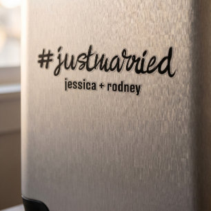 Minimalist Personalized Just Married Hashtag Sticker