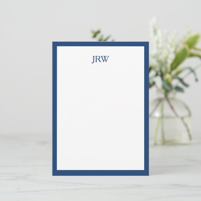Minimalist Personalized Monogram Navy Blue Border Note Card (Standing Front)