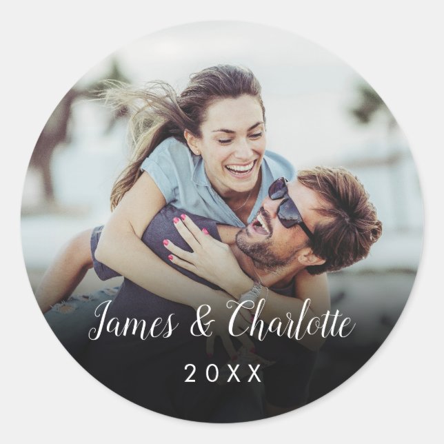 Minimalist Personalized Photo Script Name Date Classic Round Sticker (Front)