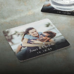 Minimalist Personalized Photo Script Name Date Square Paper Coaster<br><div class="desc">Personalize with your favorite photo featuring your names and the year,  creating a unique memory for your wedding guests. Designed by Thisisnotme©</div>