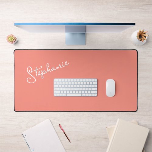Minimalist Personalized Script Name Coral Peach Desk Mat