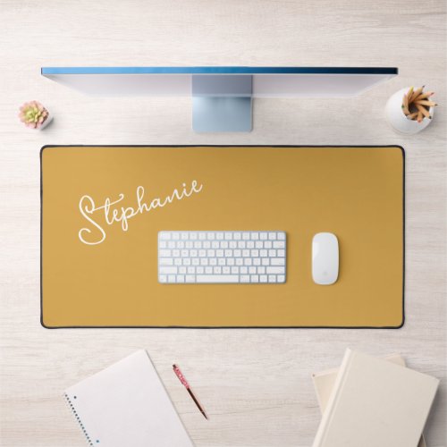 Minimalist Personalized Script Name Mustard Gold  Desk Mat