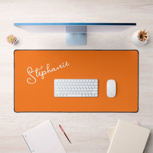 Minimalist Personalized Script Name Orange Desk Mat