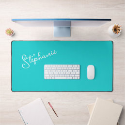 Minimalist Personalized Script Name Turquoise Desk Mat