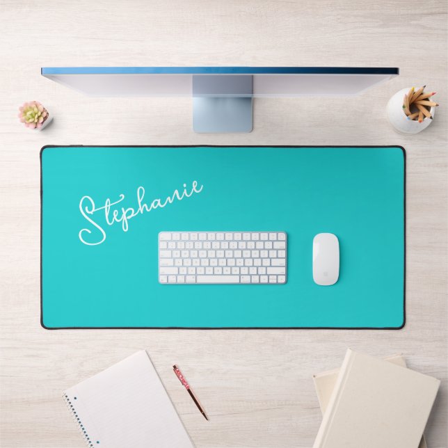 Minimalist Personalized Script Name Turquoise Desk Mat (Office 1)