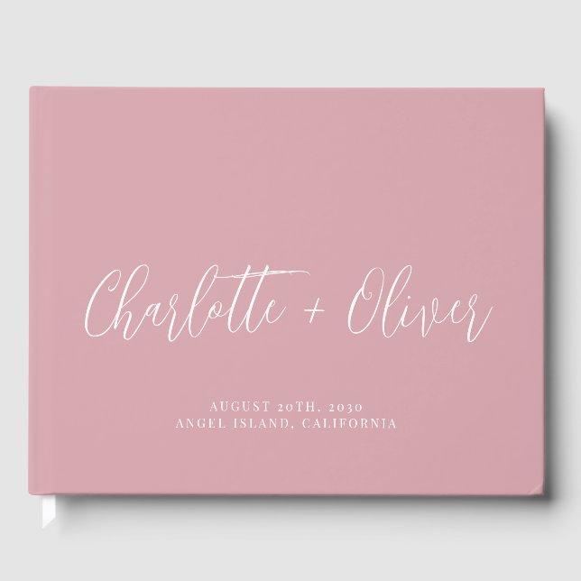 Minimalist Personalized Script Pink Wedding Guest Book (Front)
