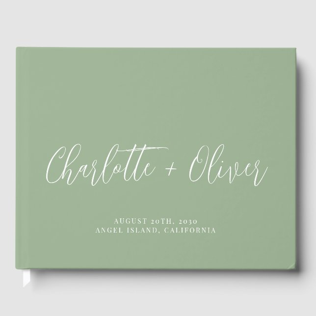 Minimalist Personalized Script Sage Green Wedding Guest Book (Front)