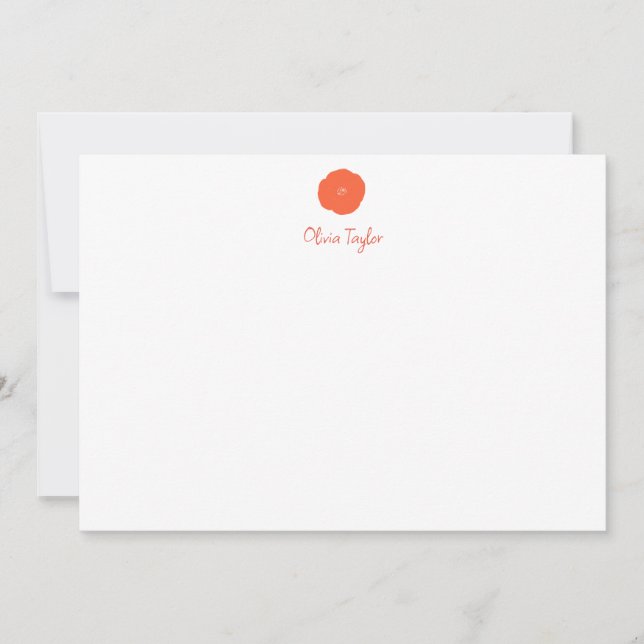 Minimalist Personalized Stationery Orange Flower Note Card (Front)