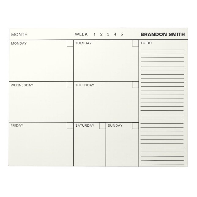 Minimalist Personalized Weekly Planner Agenda Notepad (Front)
