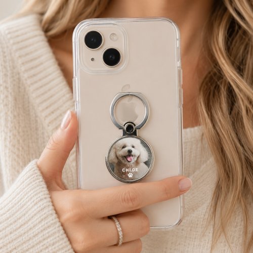 Minimalist Pet Photo with White Name and Paw Phone Ring Stand