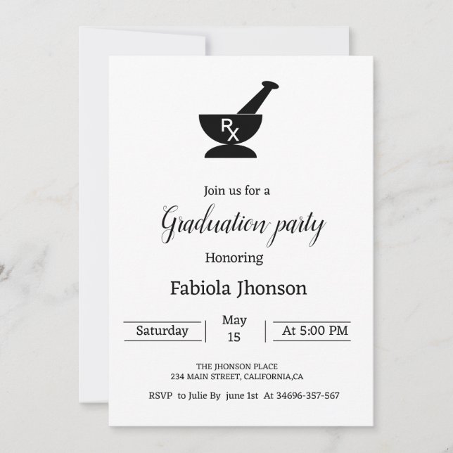 Minimalist Pharmacie university graduation party   Announcement (Front)
