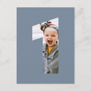 Minimalist Photo 1st Birthday CUSTOM COLOR Blue Invitation Postcard