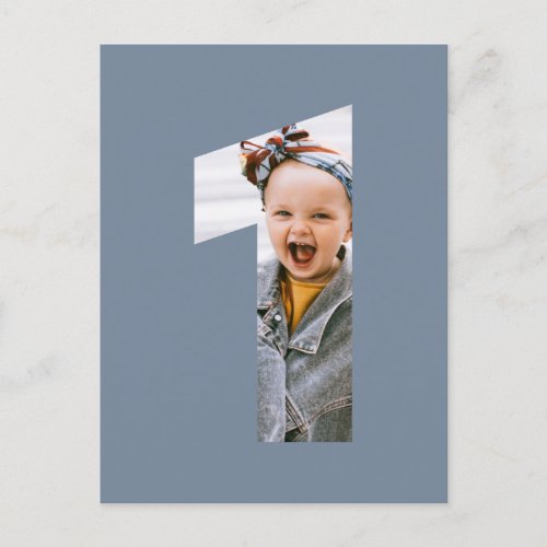 Minimalist Photo 1st Birthday CUSTOM COLOR Blue Invitation Postcard