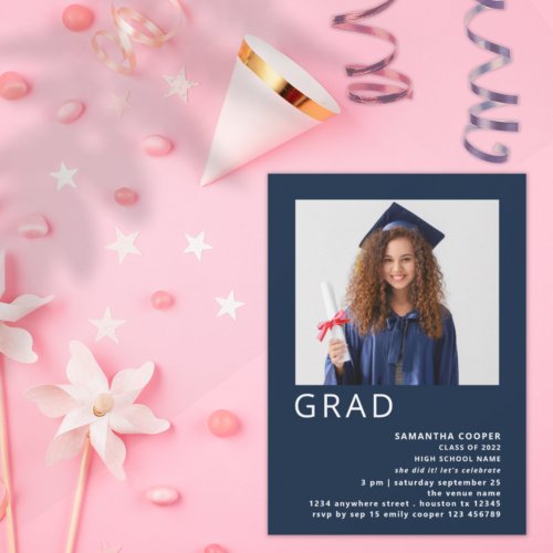 Minimalist Photo 2024 Graduation Navy Blue Invitation