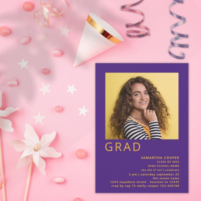 Minimalist Photo 2024 Graduation Purple Yellow Invitation (Creator Uploaded)