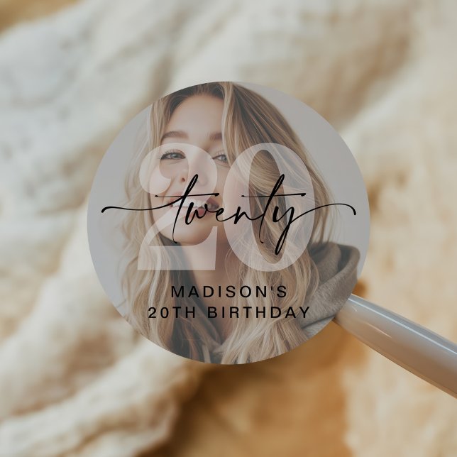 Minimalist Photo 20th Birthday Party Classic Round Sticker (Creator Uploaded)