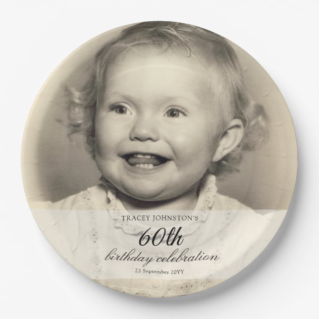Minimalist Photo 60th Birthday Paper Plates (Front)