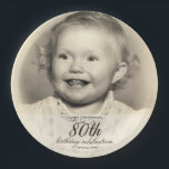 Minimalist Photo 80th Birthday Paper Plates<br><div class="desc">Vintage photo 80th birthday plates featuring personalized childhood picture, custom party table decor for nostalgic celebrations. Celebrate 80 years in unforgettable style with these personalized photo paper plates! Upload a snapshot from their early years - baby photo, school portrait or cherished family memory - and turn it into a charming...</div>