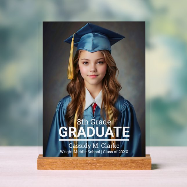 Minimalist Photo 8th Grade Graduation Announcement Acrylic Sign (Neutral)