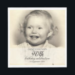 Minimalist Photo 90th Birthday Napkins<br><div class="desc">Vintage photo 90th birthday napkins featuring personalized childhood picture, custom party table decor for nostalgic celebrations. Celebrate ninety years in unforgettable style with these personalized photo paper napkins! Upload a snapshot from their early years - baby photo, school portrait or cherished family memory - and turn it into a charming...</div>