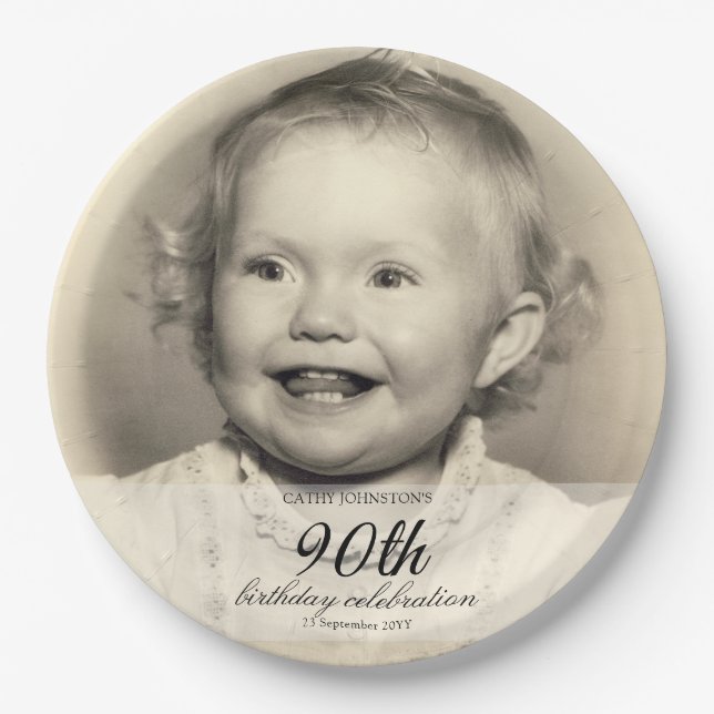 Minimalist Photo 90th Birthday Paper Plates (Front)